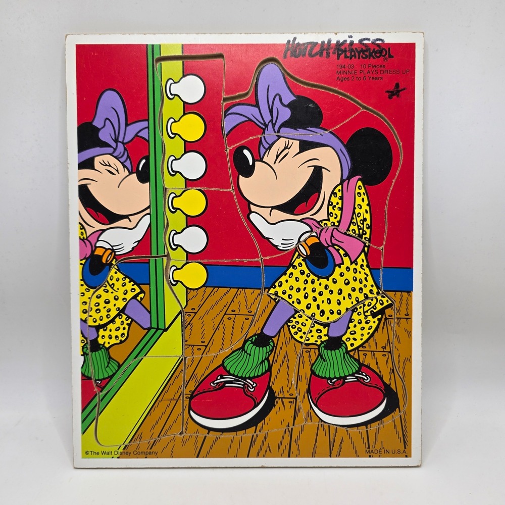 Playskool Wood Tray Puzzle Kids Red Minnie‎ Mouse Dress Up Vintage Disney Retro